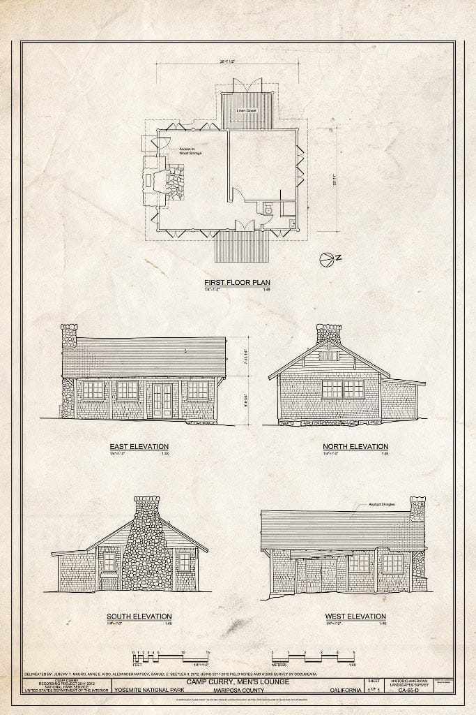 Blueprint Camp Curry, Men's Lounge Plan and Elevations - Camp Curry, Men's Lounge (Stoneman Cabin), Curry Village, Mariposa County, CA