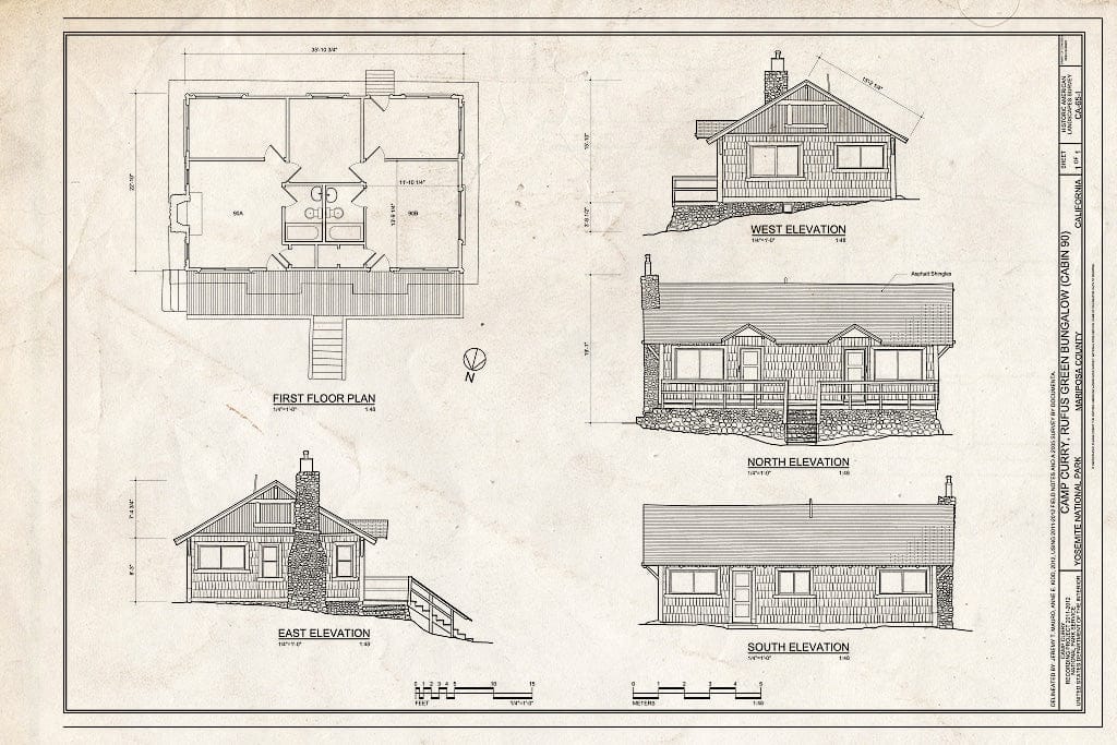 Blueprint Camp Curry, Rufus Green Bungalow (Cabin 90) Plan and Elevations - Camp Curry, Rufus Green Bungalow (Cabin 90), Curry Village, Mariposa County, CA