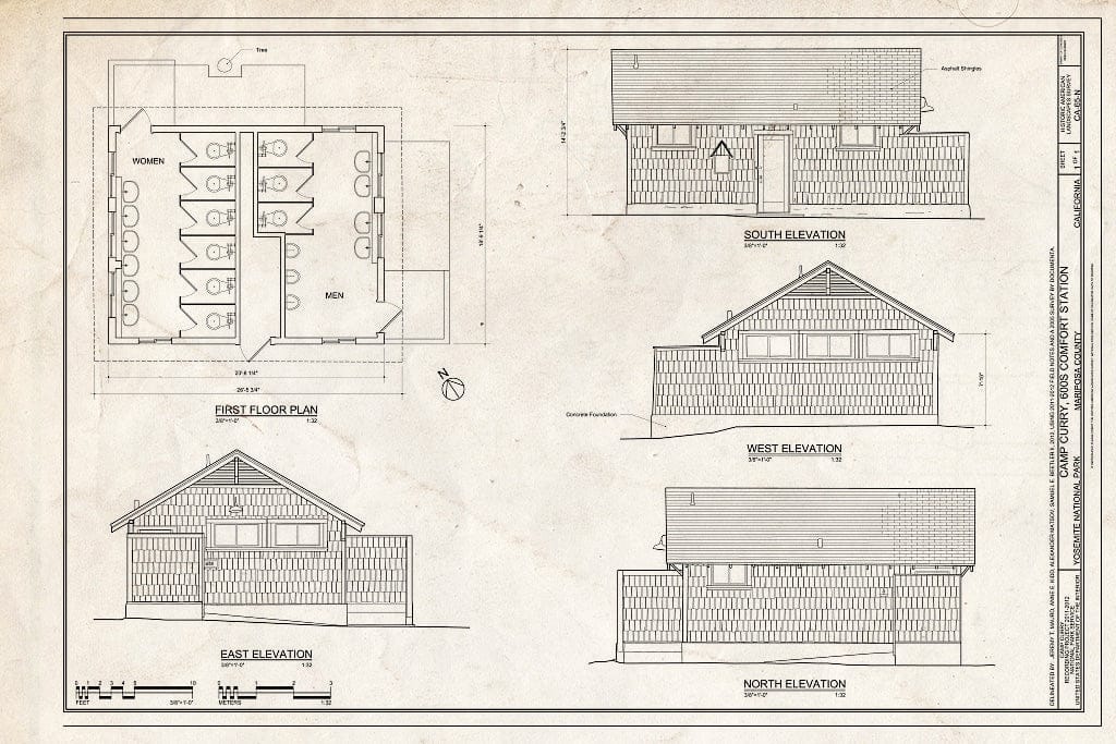 Blueprint Camp Curry, 600s Comfort Station Plan and Elevations - Camp Curry, 600s Comfort Station, Curry Village, Mariposa County, CA