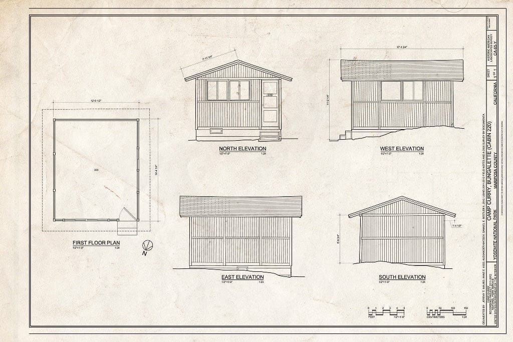 Blueprint Camp Curry, Bungalette (Cabin 220) Plan and Elevations - Camp Curry, Bungalette (Cabin 220), Curry Village, Mariposa County, CA