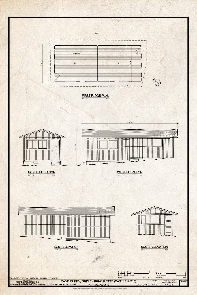 Blueprint Camp Curry, Duplex Bungalette (Cabin 214-215) Plan and Elevations - Camp Curry, Duplex Bungalette (Cabin 214-215), Curry Village, Mariposa County, CA