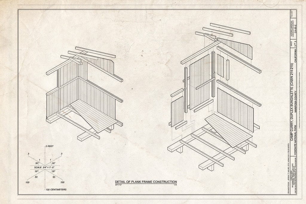 Blueprint Camp Curry, Duplex Bungalette (Cabin 214-215) Detail of Plank Frame Construction - Camp Curry, Duplex Bungalette (Cabin 214-215) , Curry Village, Mariposa County, CA