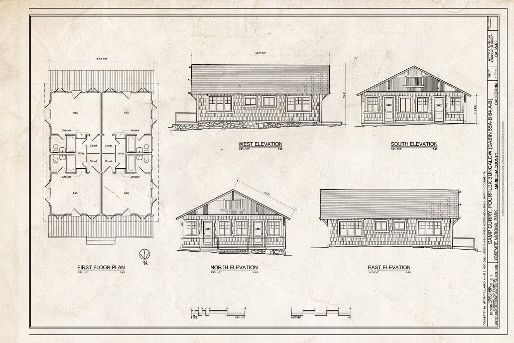 Blueprint Camp Curry, Fourplex Bungalow (Cabin 55A-B 64A-B) Plan and Elevations - Camp Curry, Fourplex Bungalow (Cabin 55A-B/64A-B), Curry Village, Mariposa County, CA