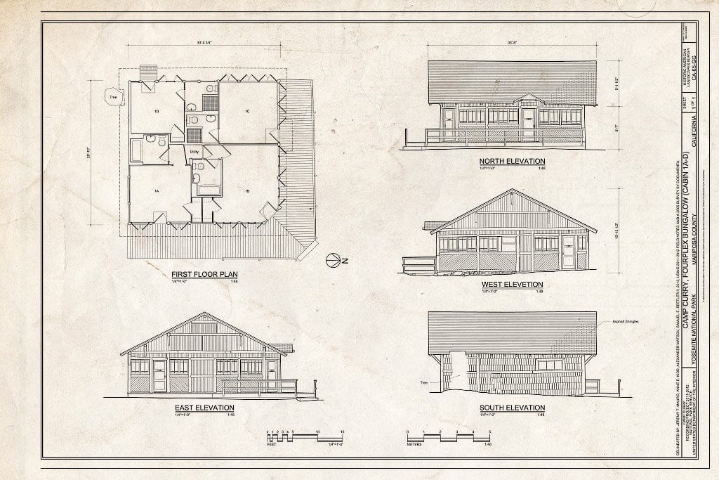 Blueprint Fourplex Bungalow (Cabin 1A-D) Plan and Elevations - Camp Curry, Fourplex Bungalow (Cabin 1A-D), Curry Village, Mariposa County, CA