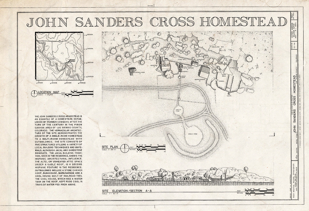 Blueprint 1. Location map, site Plan, site Elevation - John Sanders Cross Homestead, 11 Miles East of U.S. Highway 350, Model, Las Animas County, CO