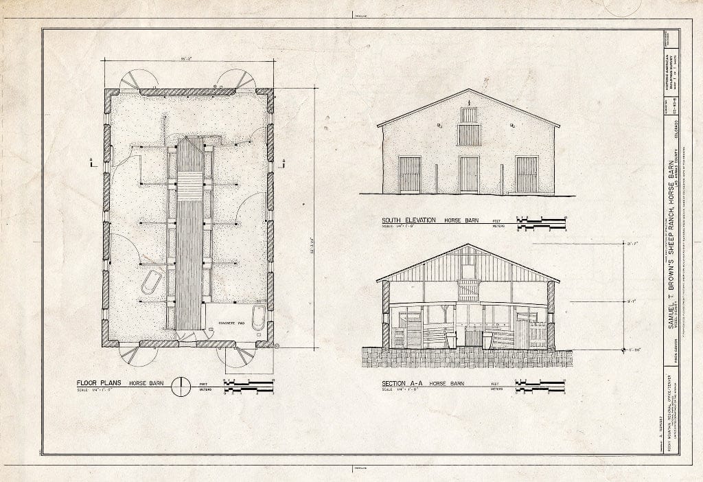 Blueprint 1. Plan, Elevation, Section - Samuel T. Brown's Sheep Ranch, Horse Barn, 170 feet Northeast of Main Residence, Model, Las Animas County, CO