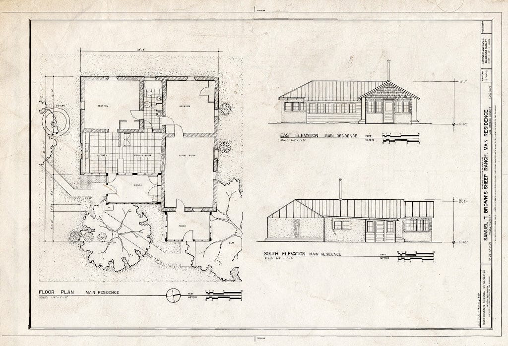 Blueprint 1. Plan and elevations - Samuel T. Brown's Sheep Ranch, Main Residence, 110 feet Southeast of Original Residence, Model, Las Animas County, CO