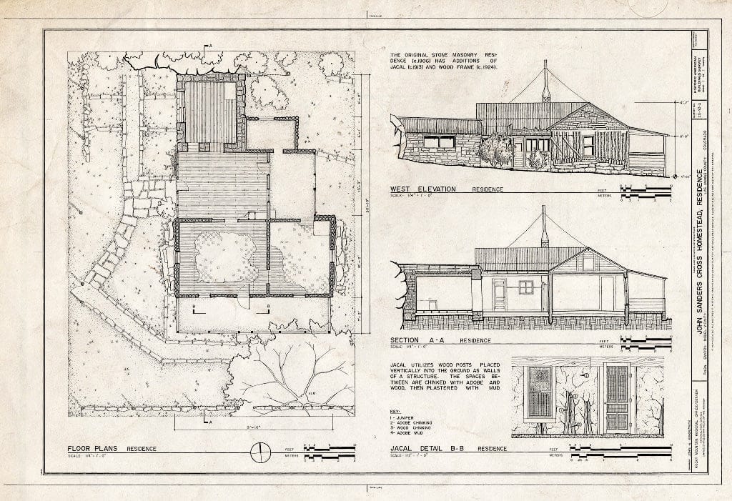 Blueprint 1. Plan, Elevation, Section, jacal Detail - John Sanders Cross Homestead, Residence, 100 feet west of barn, Model, Las Animas County, CO