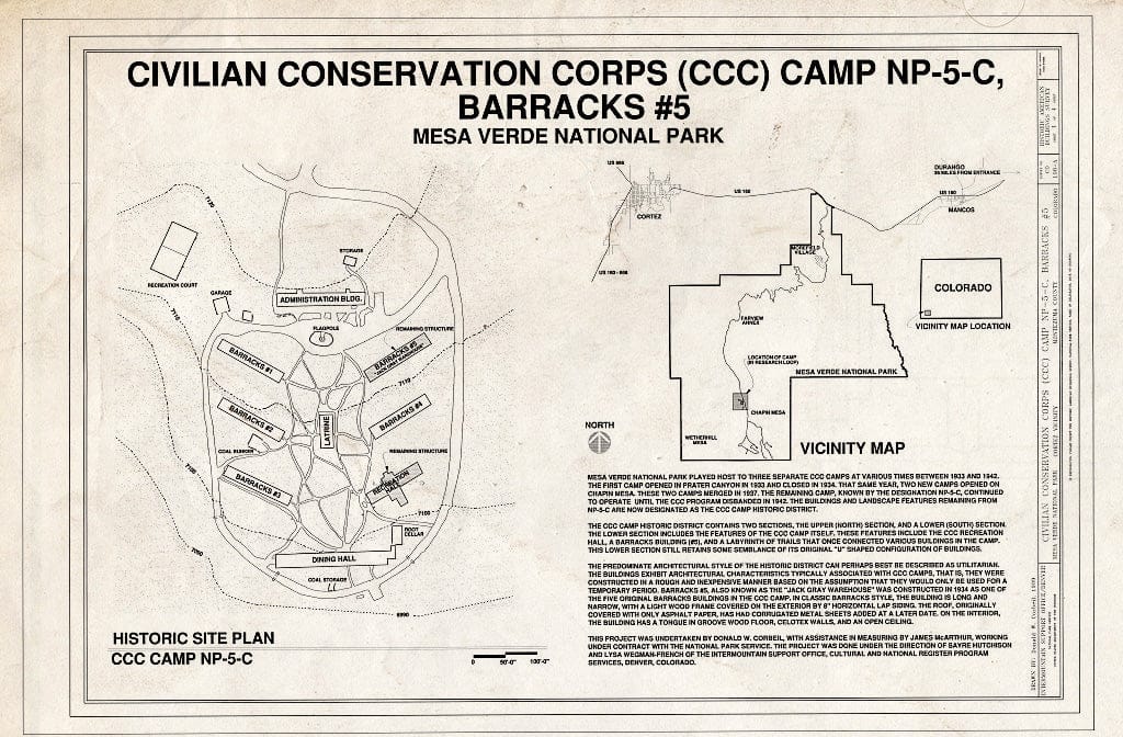 Blueprint Cover Sheet & Site Plan - Civilian Conservation Corps (CCC) Camp NP-5-C, Barracks No. 5, CCC Camp Historic District at Chapin Mesa, Cortez, Montezuma County, CO