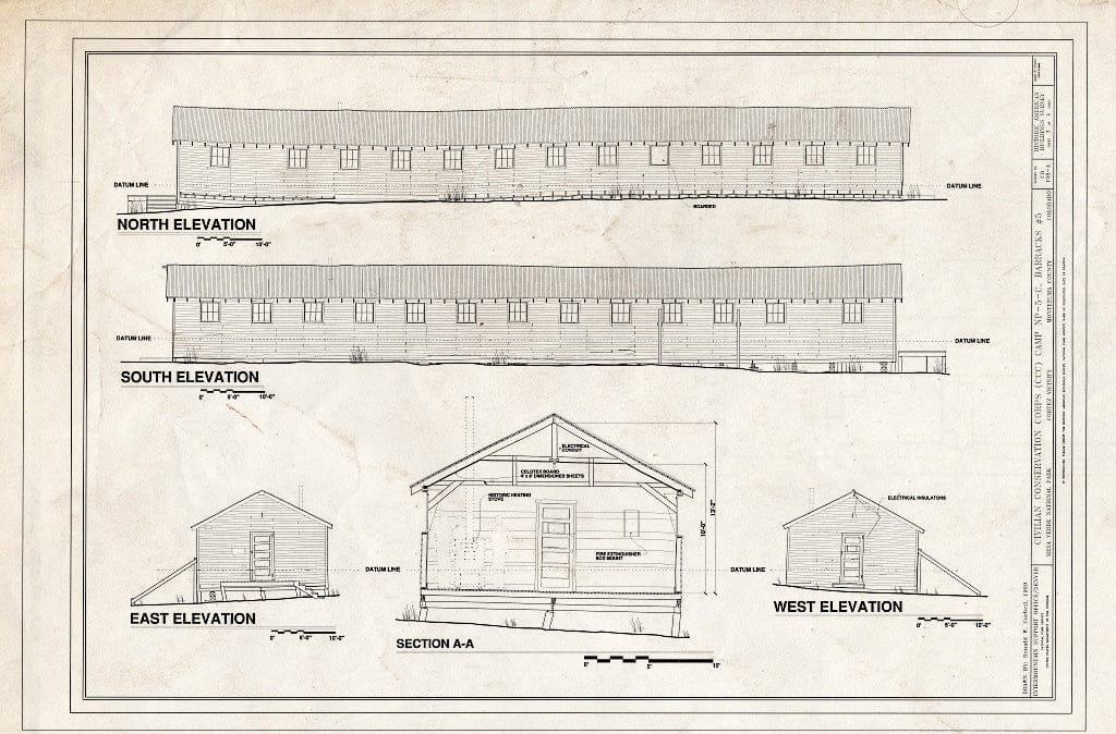 Blueprint Elevations & Section - Civilian Conservation Corps (CCC) Camp NP-5-C, Barracks No. 5, CCC Camp Historic District at Chapin Mesa, Cortez, Montezuma County, CO