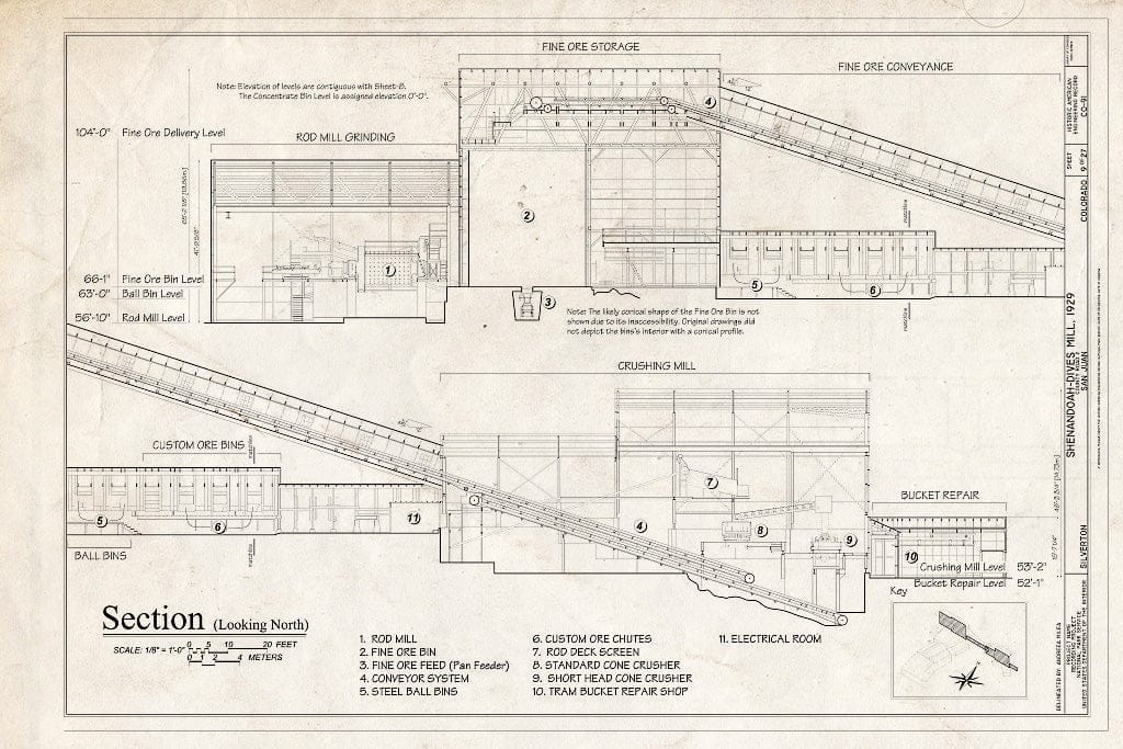 Blueprint 9. Long Section Looking North - Shenandoah-Dives Mill, 135 County Road 2, Silverton, San Juan County, CO