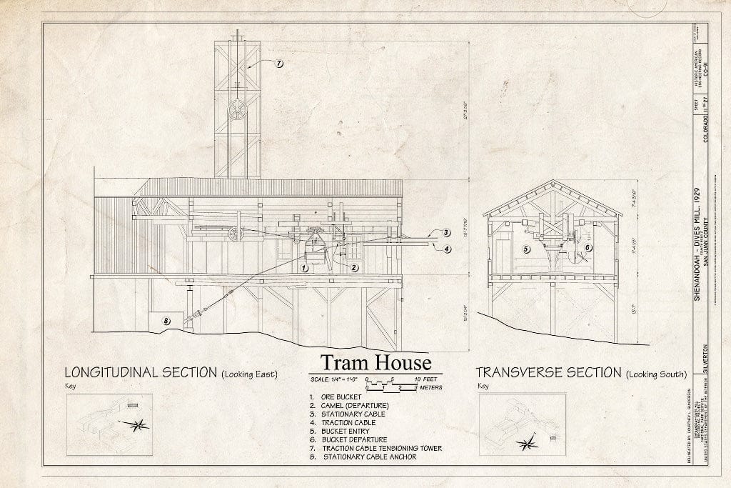 Blueprint 11. Tram House Long Section, Transverse Section - Shenandoah-Dives Mill, 135 County Road 2, Silverton, San Juan County, CO