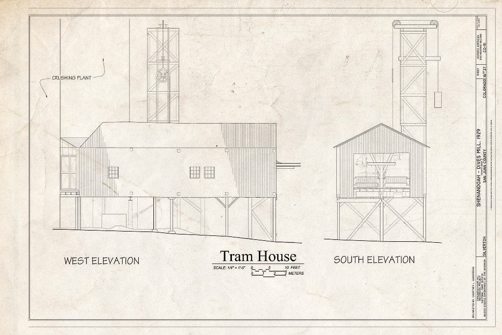 Blueprint 16. Tram House West Elevation, South Elevation - Shenandoah-Dives Mill, 135 County Road 2, Silverton, San Juan County, CO