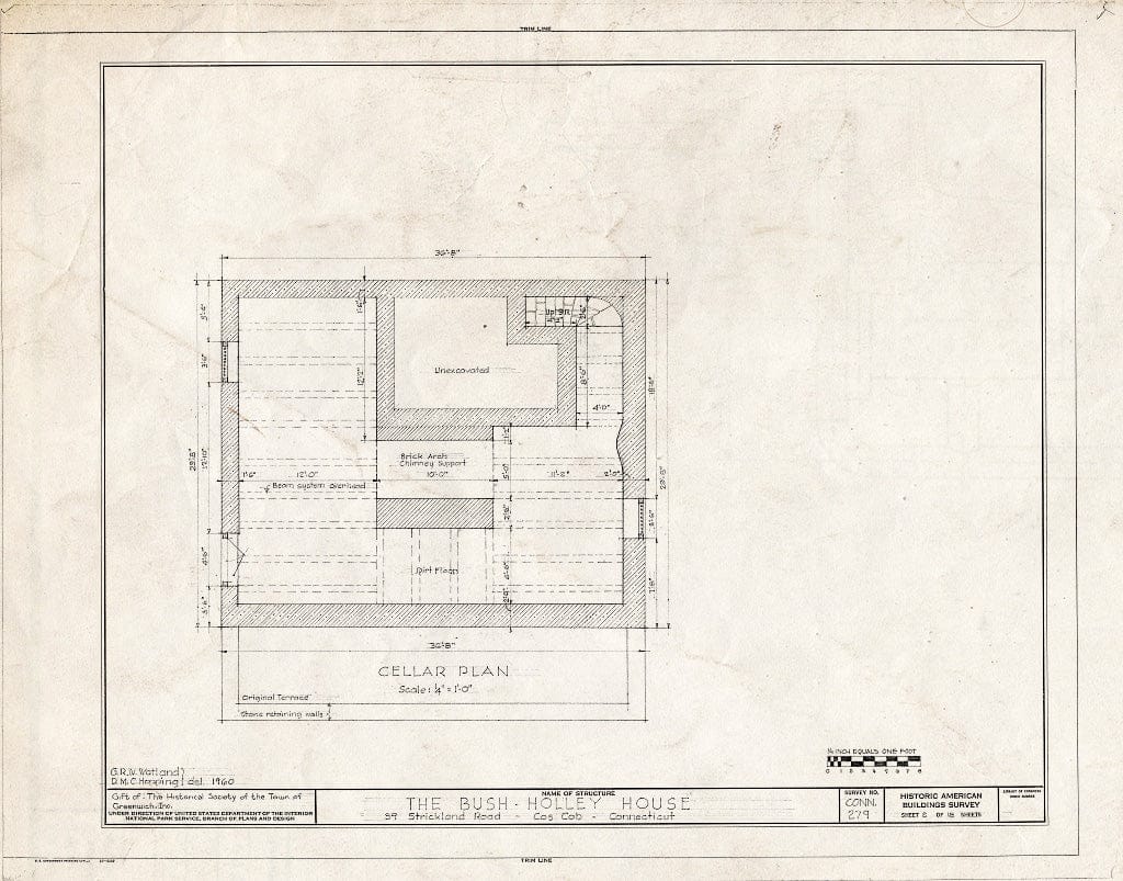 Blueprint Cellar Plan - Bush-Holley House, 39 Strickland Road, Cos Cob, Fairfield County, CT