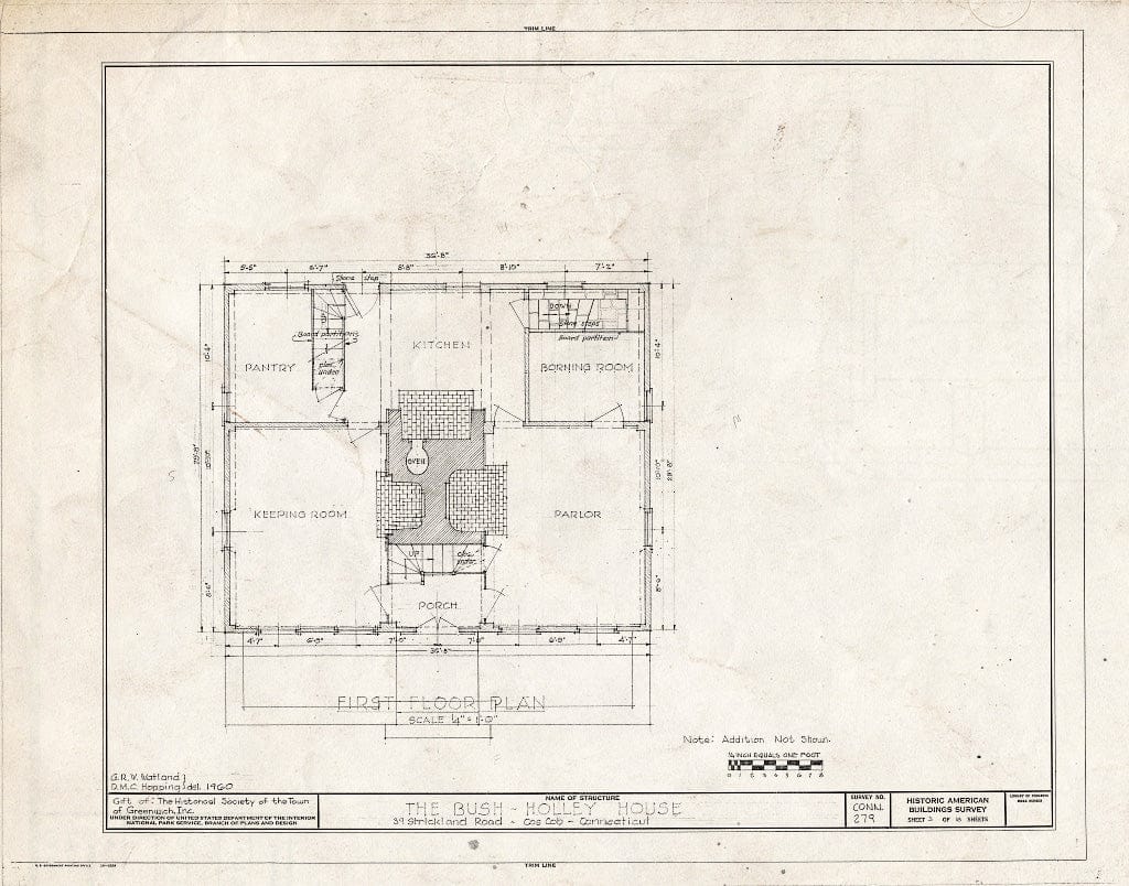 Blueprint First Floor Plan - Bush-Holley House, 39 Strickland Road, Cos Cob, Fairfield County, CT