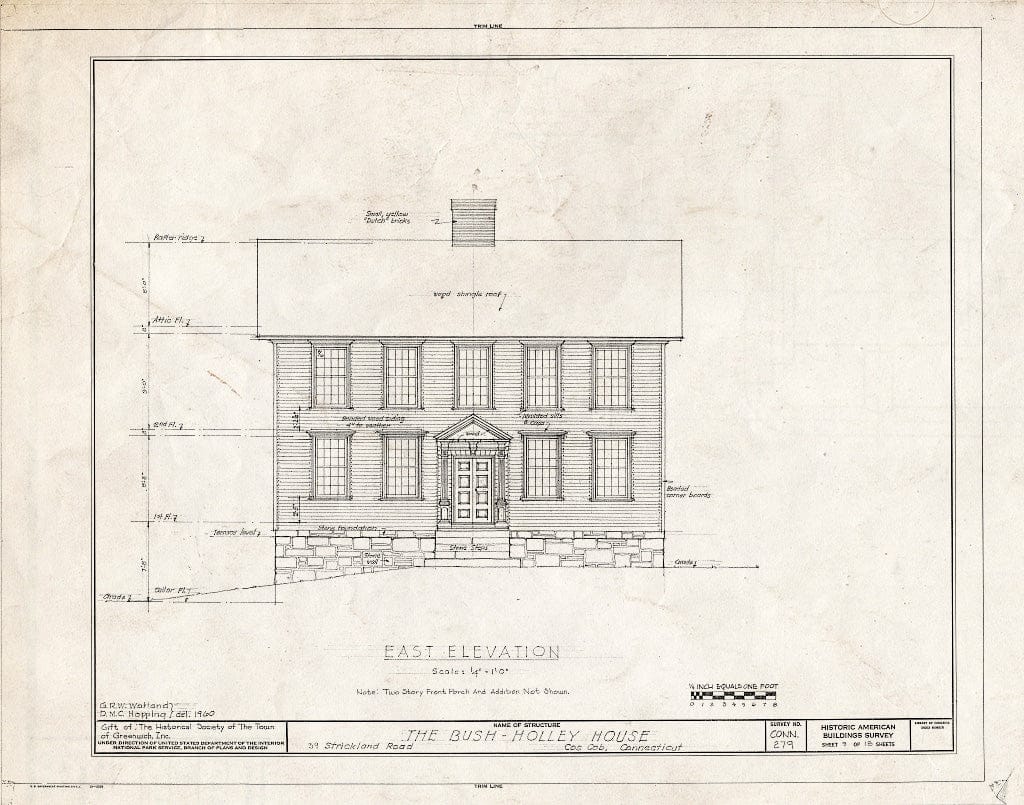 Blueprint East Elevation - Bush-Holley House, 39 Strickland Road, Cos Cob, Fairfield County, CT