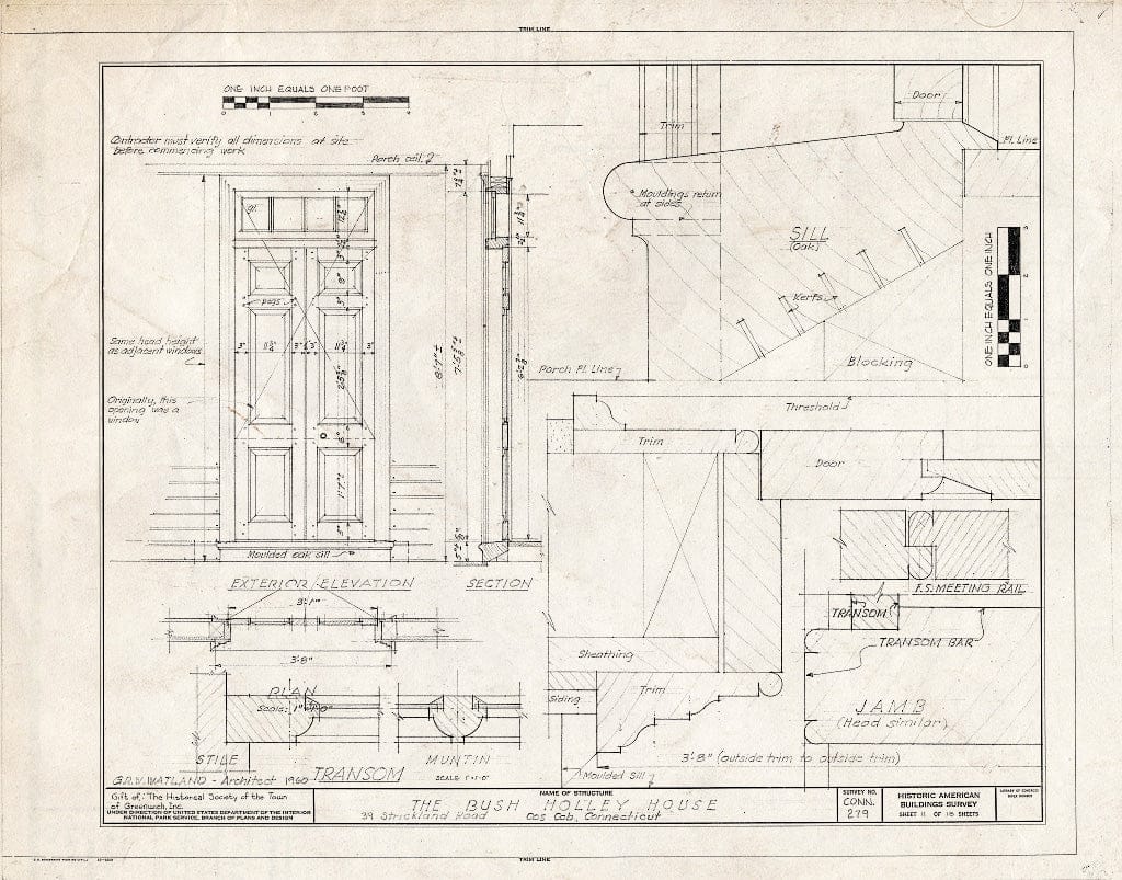 Blueprint Door (Elevation and Details) - Bush-Holley House, 39 Strickland Road, Cos Cob, Fairfield County, CT