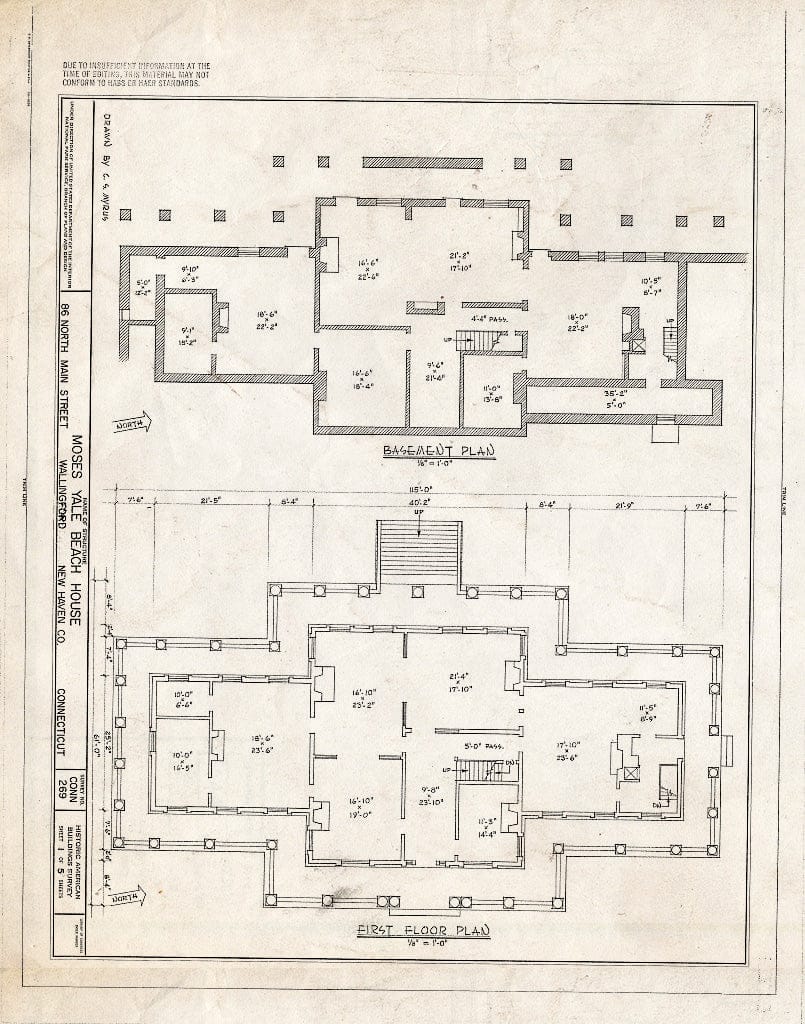 Blueprint 1. Basement and First Floor Plans - Moses Yale Beach House, 86 North Main Street, Wallingford, New Haven County, CT