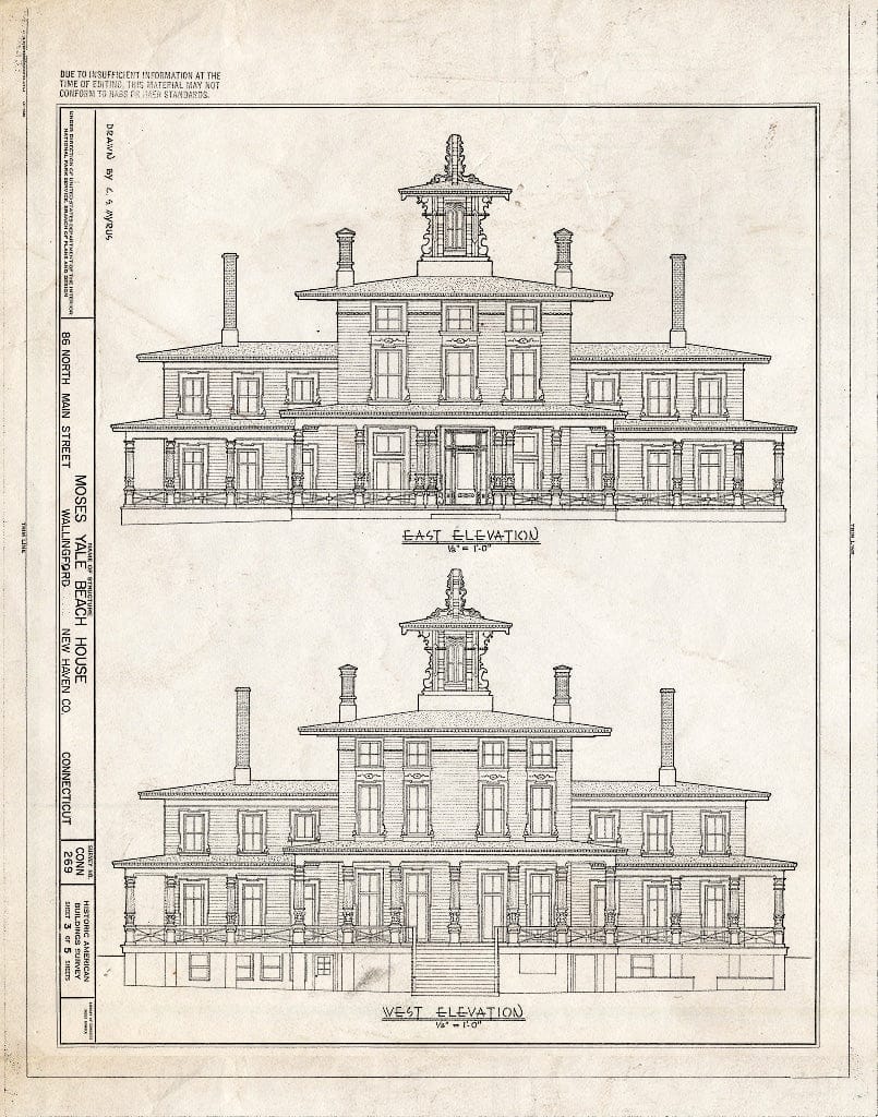 Blueprint 3. East and west elevations - Moses Yale Beach House, 86 North Main Street, Wallingford, New Haven County, CT