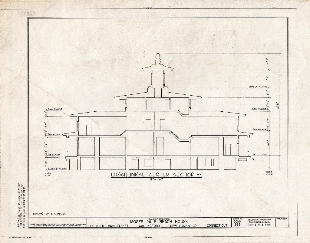 Blueprint 5. Longitudinal Center Section - Moses Yale Beach House, 86 North Main Street, Wallingford, New Haven County, CT