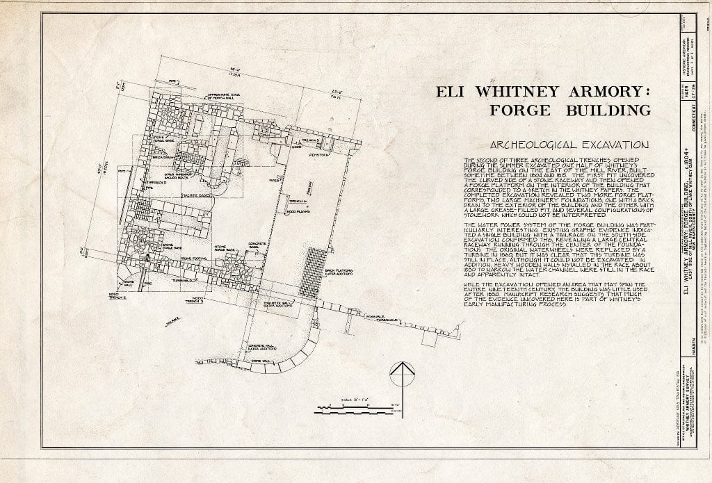 Blueprint Archeological Excavation, Site Plan - Eli Whitney Armory, Forge Building, Mill River, Hamden, New Haven County, CT