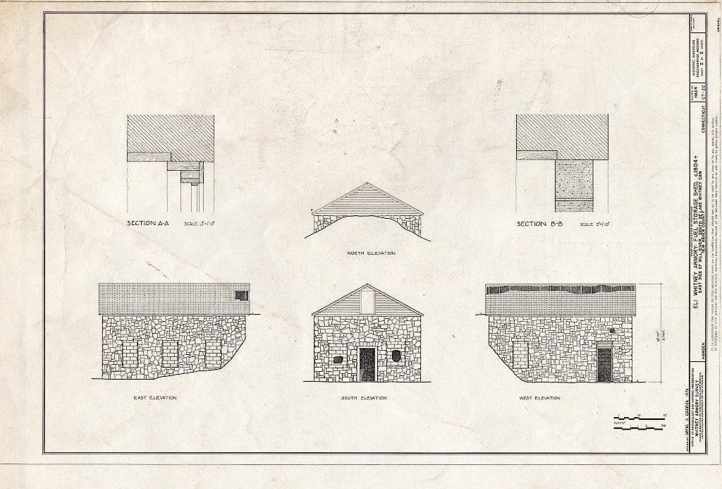 Blueprint Elevations, Sections - Eli Whitney Armory, Fuel Storage Shed, Mill River, Hamden, New Haven County, CT