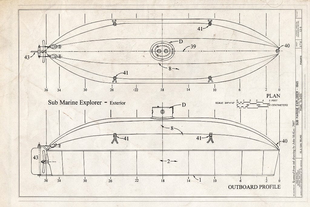 Blueprint Exterior Plan, Outboard Profile - Sub Marine Explorer, Located Along The Beach of Isla San Telmo, Pearl Islands, Isla San Telmo, Former Panama Canal Zone, CZ