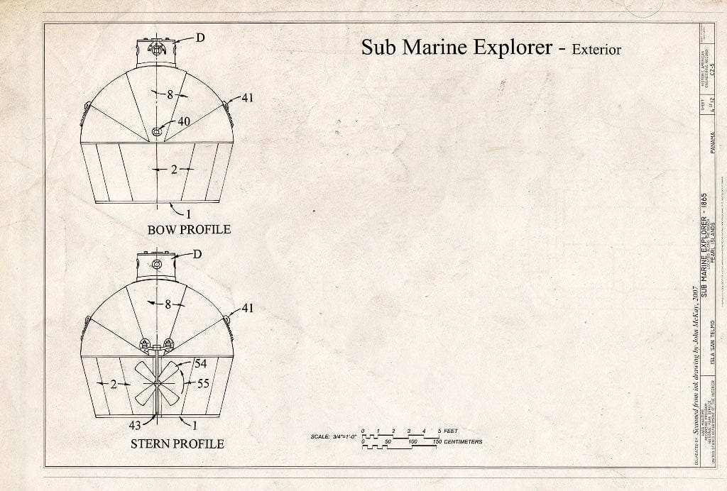 Blueprint Exterior, Bow Profile, Stern Profile - Sub Marine Explorer, Located Along The Beach of Isla San Telmo, Pearl Islands, Isla San Telmo, Former Panama Canal Zone, CZ