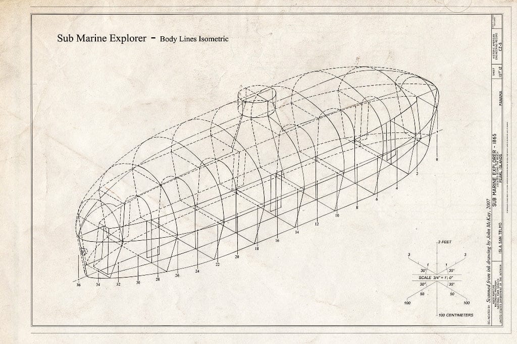 Blueprint Body Lines Isometric - Sub Marine Explorer, Located Along The Beach of Isla San Telmo, Pearl Islands, Isla San Telmo, Former Panama Canal Zone, CZ