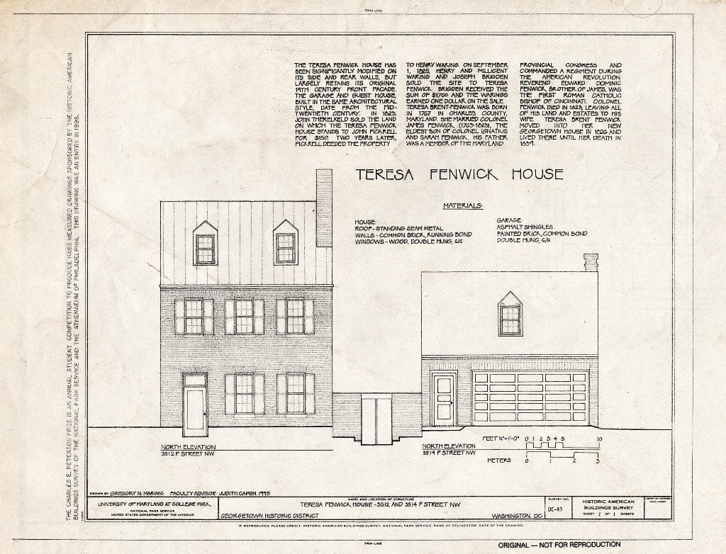 Blueprint Elevation and Statement of Significance - Teresa Fenwick House, 3512 P Street, Northwest, Washington, District of Columbia, DC