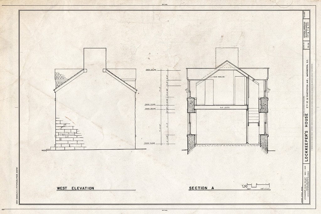 Blueprint 5. West Elevation and Section - Lock Keeper's House, Seventeenth Street & Constitution Avenue, Northwest, Washington, District of Columbia, DC