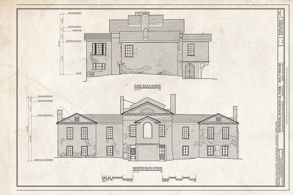 Blueprint East & North Elevations - National Zoological Park, Holt House, Adams Mill Road Vicinity, Washington, District of Columbia, DC