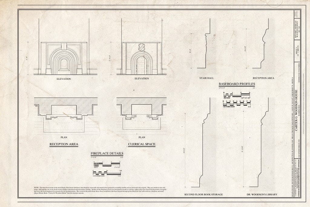 Blueprint Fireplace Details. Baseboard Profiles. - Carter G. Woodson House, 1538 Ninth Street Northwest, Washington, District of Columbia, DC