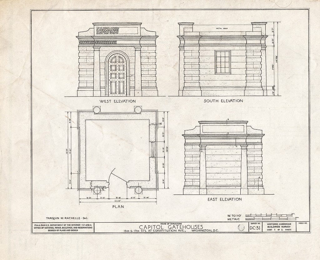 Blueprint 1. Elevations and Plan - U.S. Capitol Gatehouses, Fifteenth & Seventeenth Streets at Constitution Avenue, Washington, District of Columbia, DC