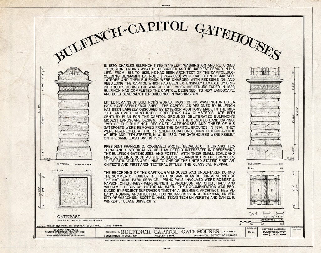 Blueprint 3. Title Sheet, elevations, Plans - U.S. Capitol Gatehouses, Fifteenth & Seventeenth Streets at Constitution Avenue, Washington, District of Columbia, DC