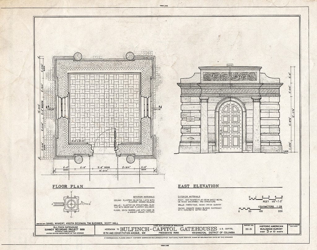 Blueprint 5. Floor Plan, East Elevation - U.S. Capitol Gatehouses, Fifteenth & Seventeenth Streets at Constitution Avenue, Washington, District of Columbia, DC