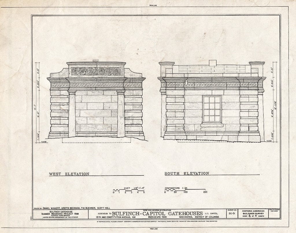 Blueprint 6. West and South elevations - U.S. Capitol Gatehouses, Fifteenth & Seventeenth Streets at Constitution Avenue, Washington, District of Columbia, DC