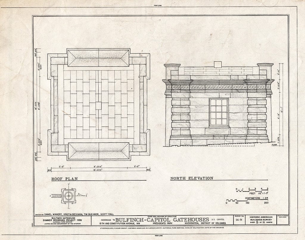 Blueprint 7. Roof Plan, North Elevation - U.S. Capitol Gatehouses, Fifteenth & Seventeenth Streets at Constitution Avenue, Washington, District of Columbia, DC