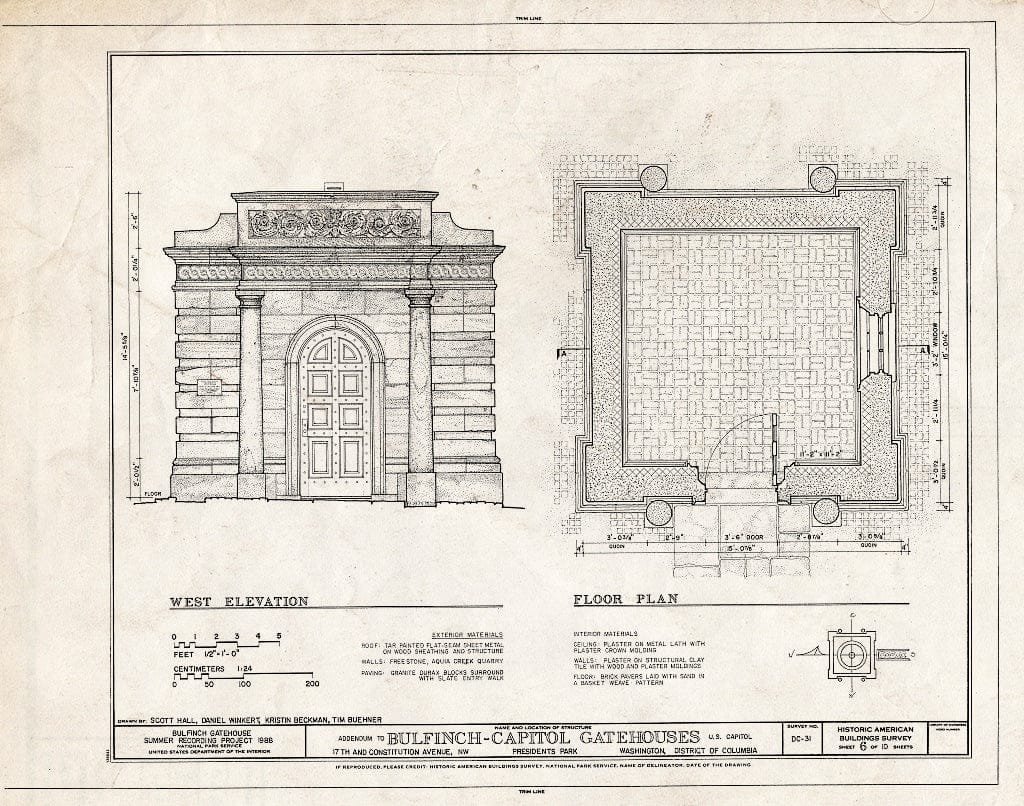 Blueprint 8. West Elevation, Floor Plan - U.S. Capitol Gatehouses, Fifteenth & Seventeenth Streets at Constitution Avenue, Washington, District of Columbia, DC