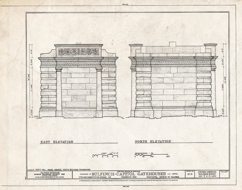 Blueprint 9. East and North elevations - U.S. Capitol Gatehouses, Fifteenth & Seventeenth Streets at Constitution Avenue, Washington, District of Columbia, DC