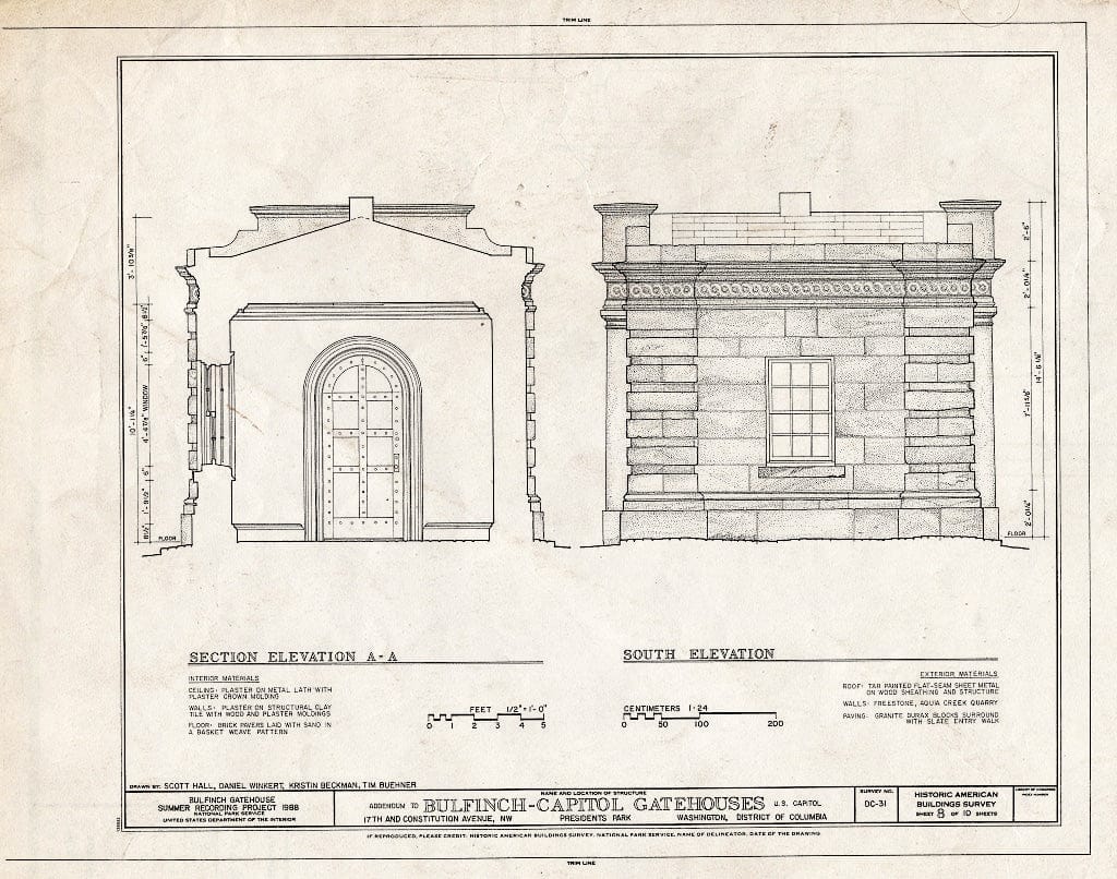 Blueprint 10. Section A-A, South Elevation - U.S. Capitol Gatehouses, Fifteenth & Seventeenth Streets at Constitution Avenue, Washington, District of Columbia, DC