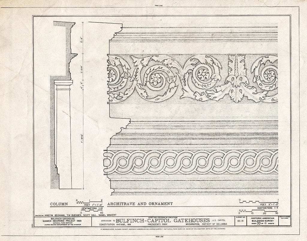 Blueprint 12. Column; Architrave and Ornament - U.S. Capitol Gatehouses, Fifteenth & Seventeenth Streets at Constitution Avenue, Washington, District of Columbia, DC