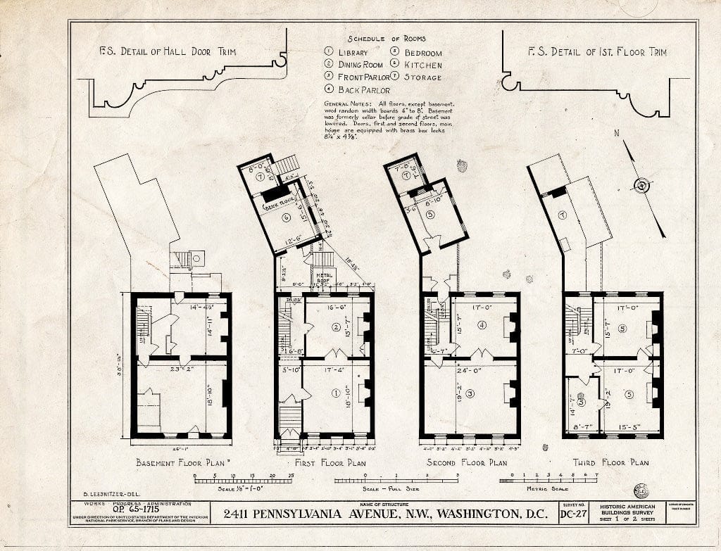 Blueprint 1. Floor Plans and Trim Details - 2411 Pennsylvania Avenue Northwest (House), Washington, District of Columbia, DC