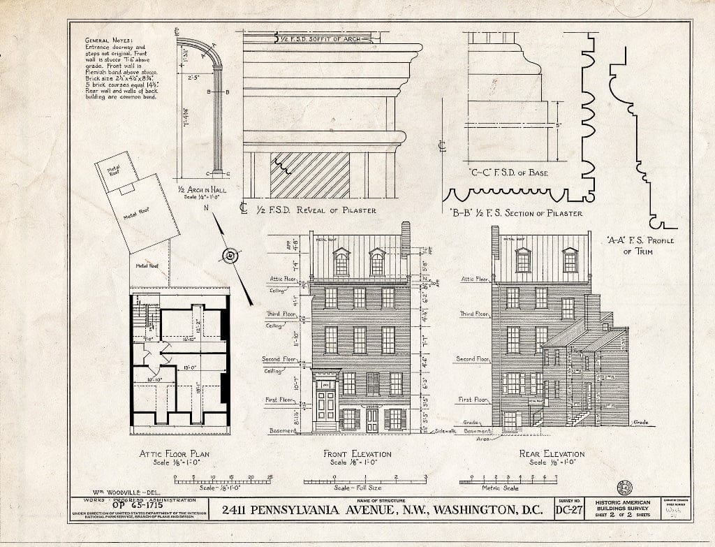 Blueprint 2. Attic Floor Plan, Front and Rear elevations, Details - 2411 Pennsylvania Avenue Northwest (House), Washington, District of Columbia, DC