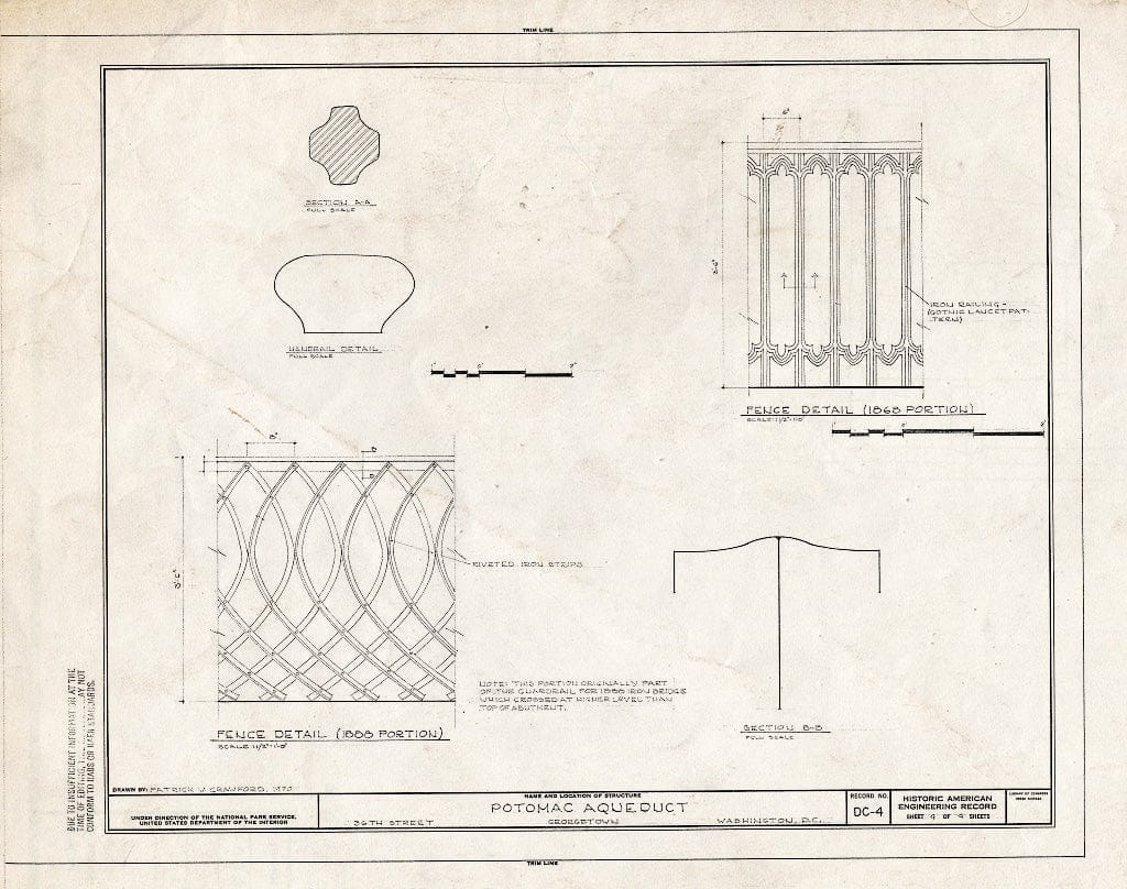 Blueprint Fence Detail (1868 Portion); Fence Detail (1888 Portion) - Potomac Aqueduct, Spanning Potomac River, Washington, District of Columbia, DC