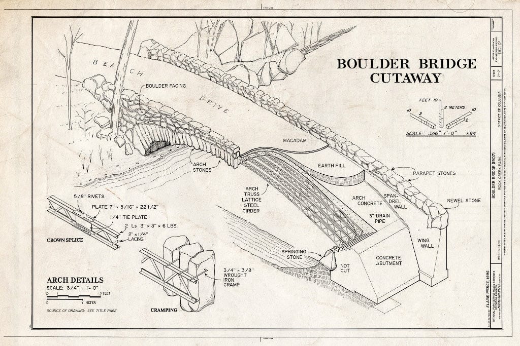 Blueprint Boulder Bridge Cutaway - Boulder Bridge, Spanning Rock Creek at Beach Drive, South of Joyce Road, Washington, District of Columbia, DC