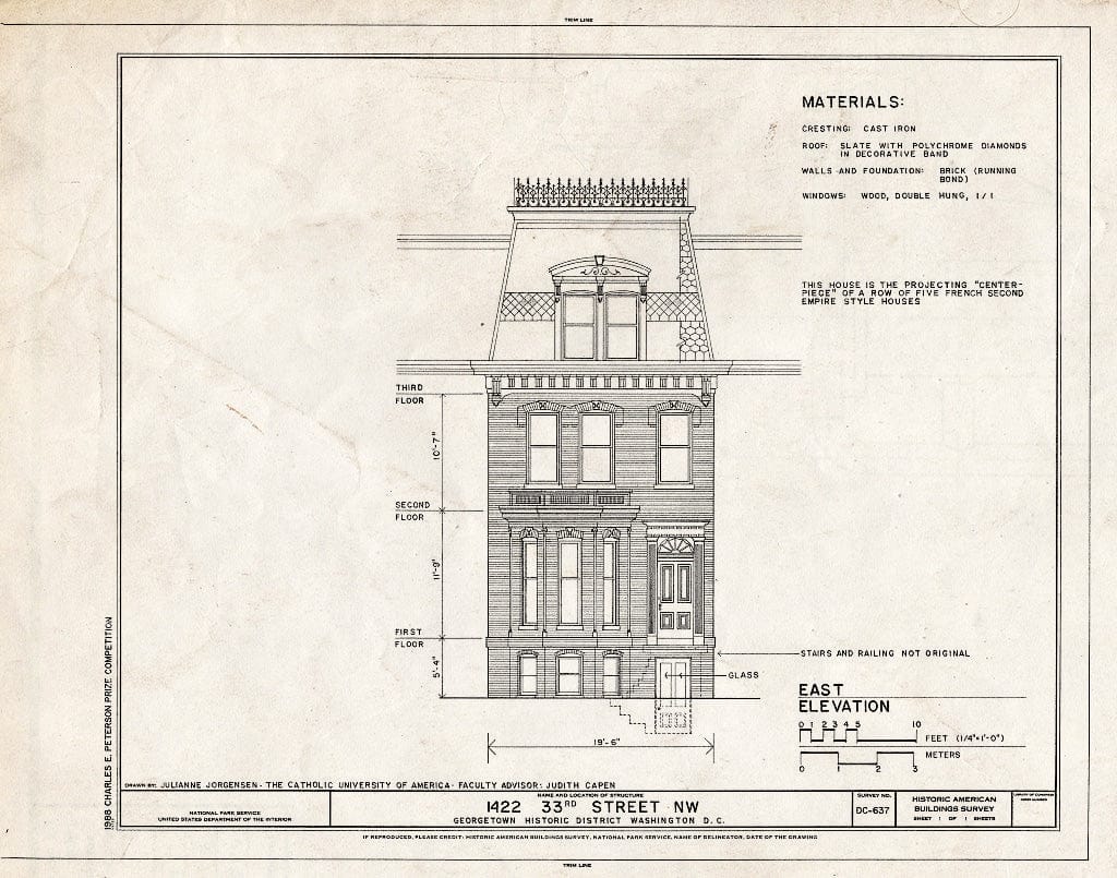 Blueprint East Elevation - 1422 Thirty-Third Street, Northwest (House), Washington, District of Columbia, DC