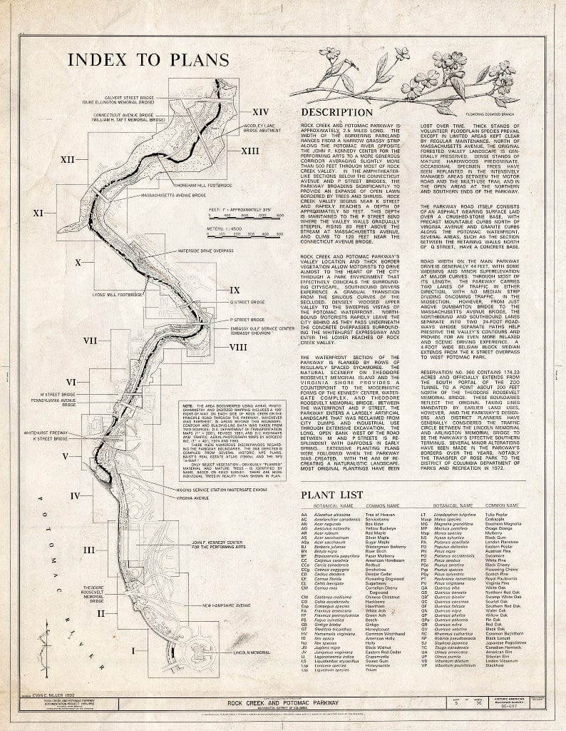 Blueprint 5. Index to Plans, Description, Plant List - Rock Creek & Potomac Parkway, Washington, District of Columbia, DC