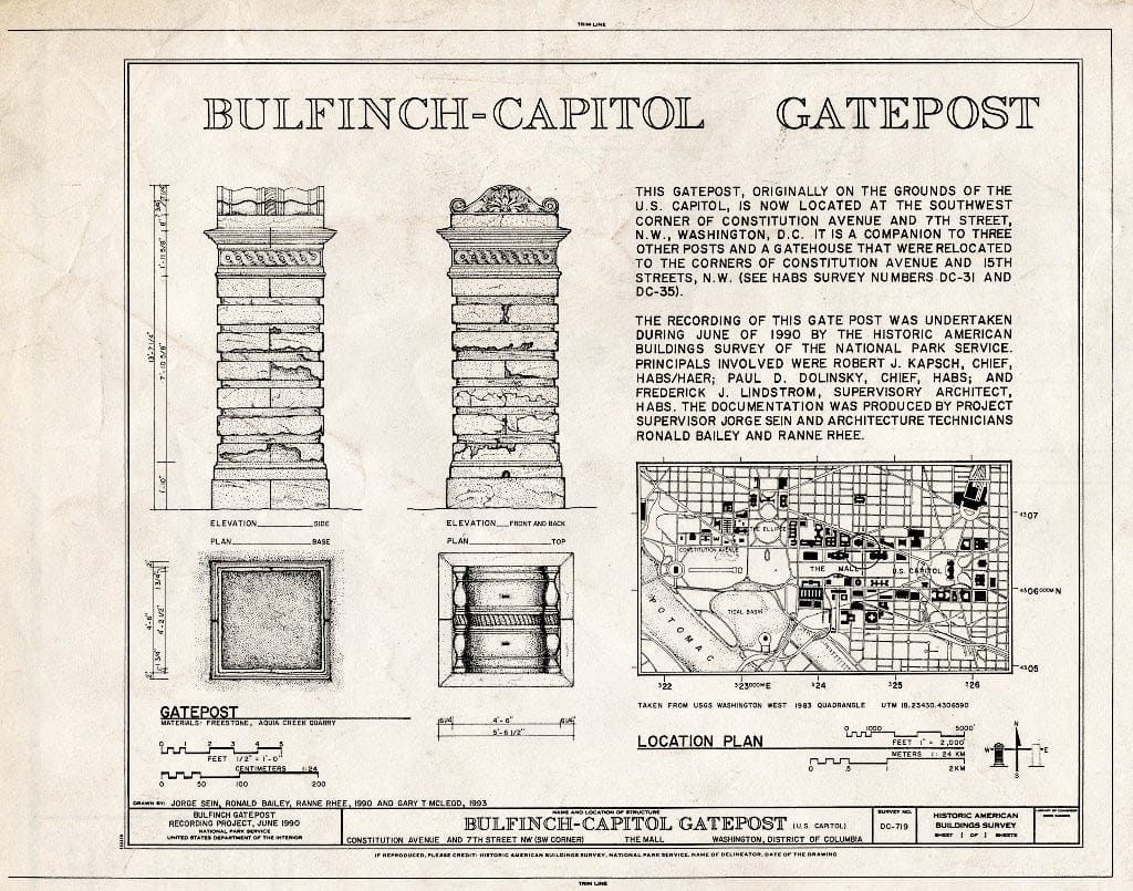 Blueprint 1. Elevations, Plans, Location Plan - Bulfinch Capitol Gatepost, Constitution Avenue & Seventh Street, Northwest (Southwest Corner), Washington, District of Columbia, DC