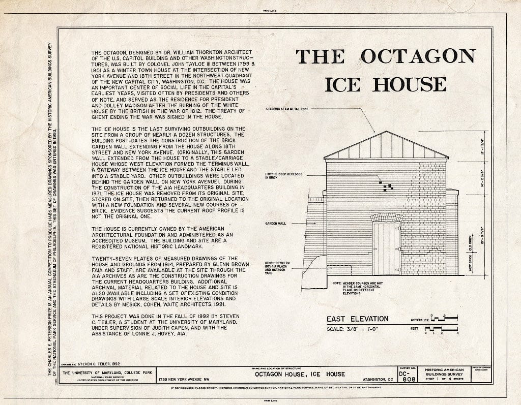 Blueprint East Elevation - Octagon House, Ice House, 1799 New York Avenue, Northwest, Washington, District of Columbia, DC